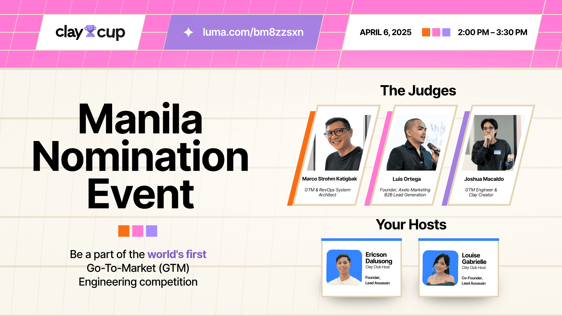 Clay Cup Manila 2026 nomination event banner showing judges Marco Strohm Katgbak and Joshua Macaldo and hosts Ericson Dalusong and Louise Gabrielle