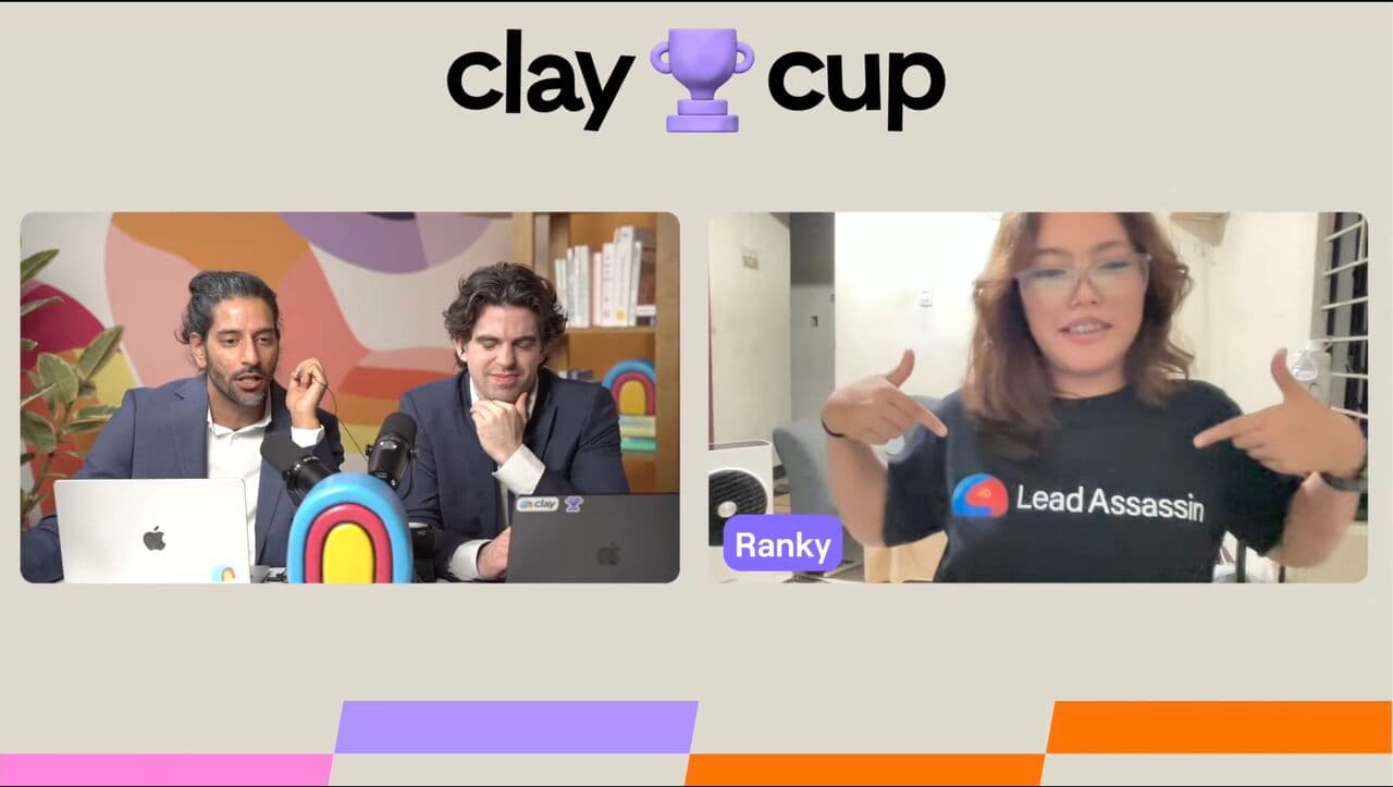 Ranky Aro on the Clay Cup 2026 livestream wearing a Lead Assassin shirt being interviewed by the hosts Manoah and Owen after advancing to the Round of 16