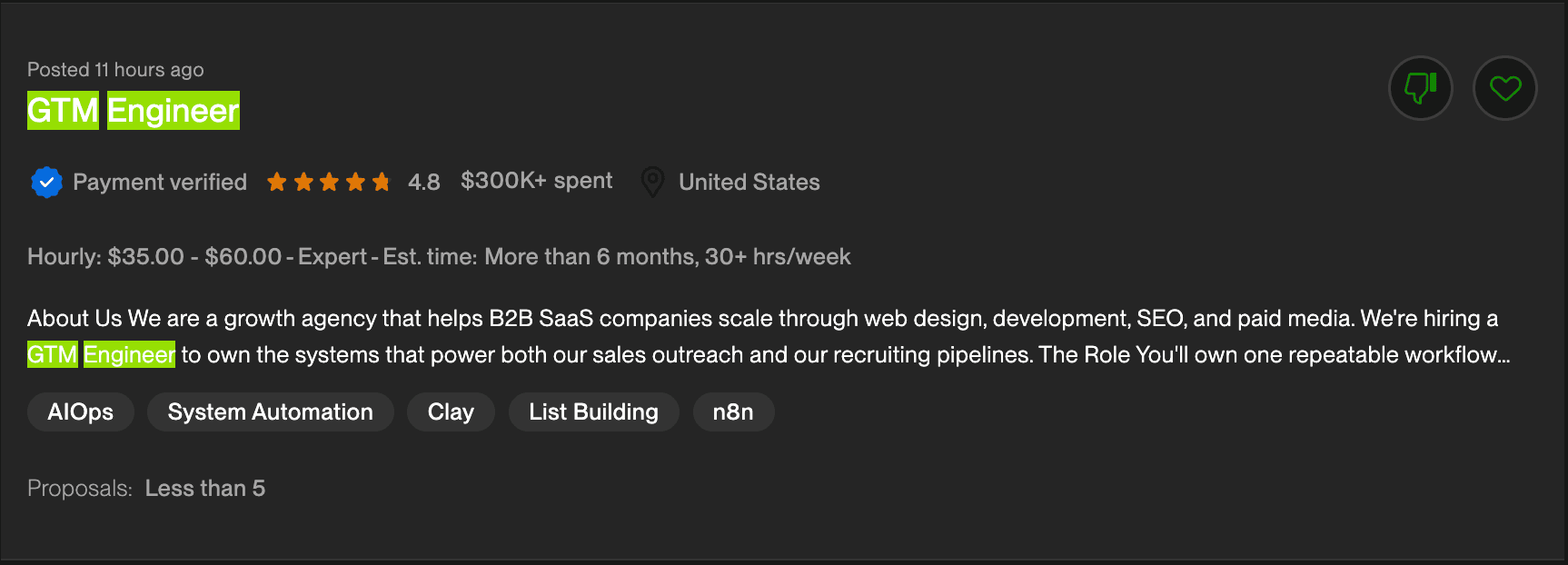 Example job posting on Upwork for hiring Filipino remote talent