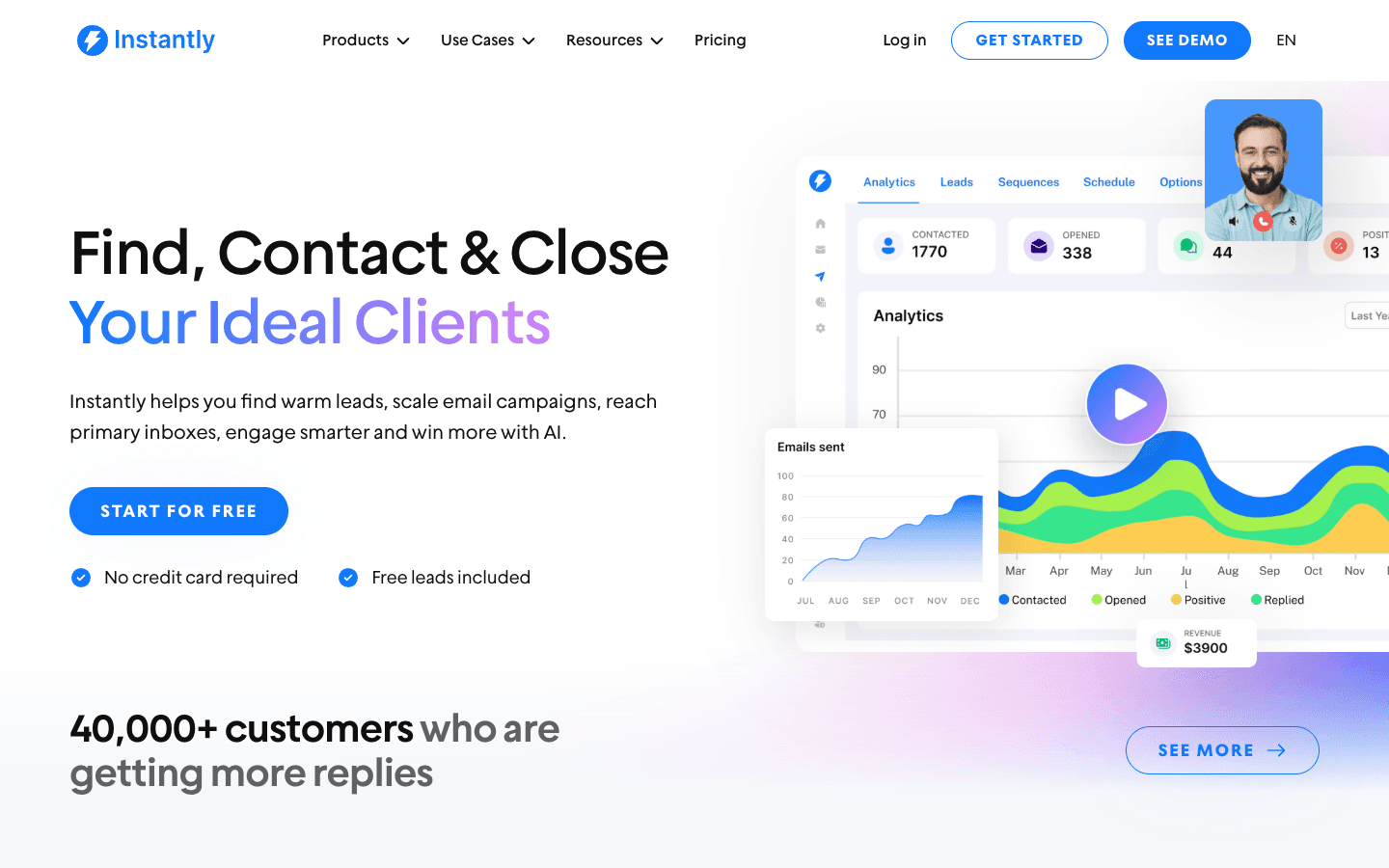 Instantly.ai homepage — Find, Contact and Close Your Ideal Clients
