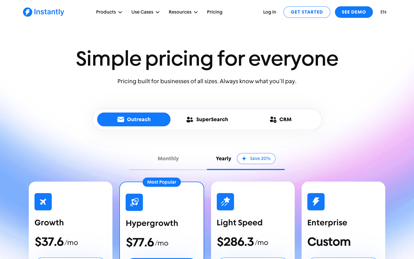 Instantly.ai pricing page showing Growth, Hypergrowth, and Light Speed plans
